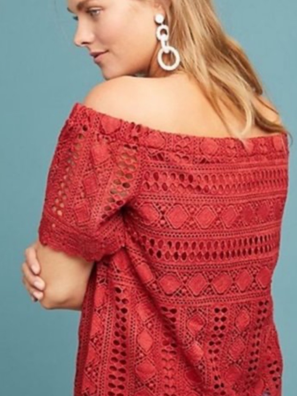 Sunday in Brooklyn Anthro Evie Off Shoulder Crochet Lace Dark Rust Top - Picture 3 of 10
